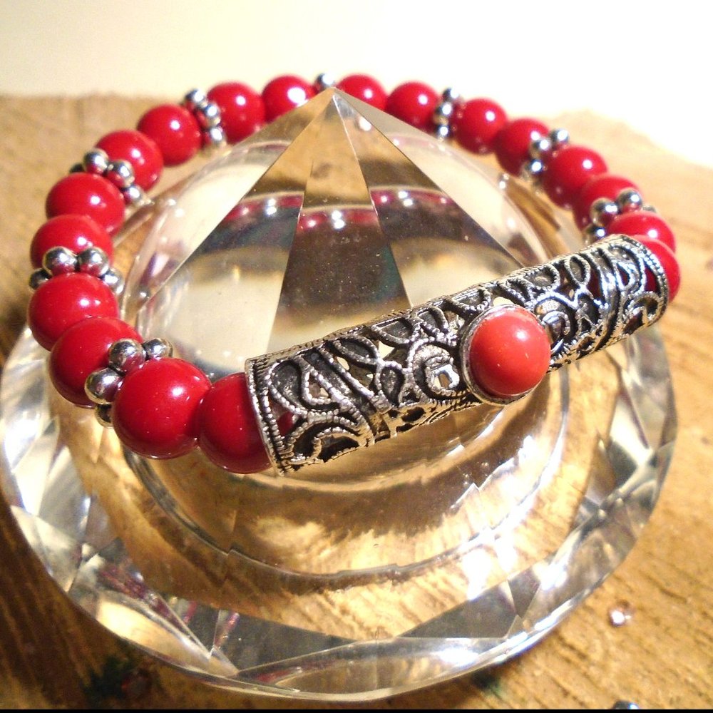 💝5/$25💖 Red opaque Glass beads filigree Antique silver ornate tube w cabochon